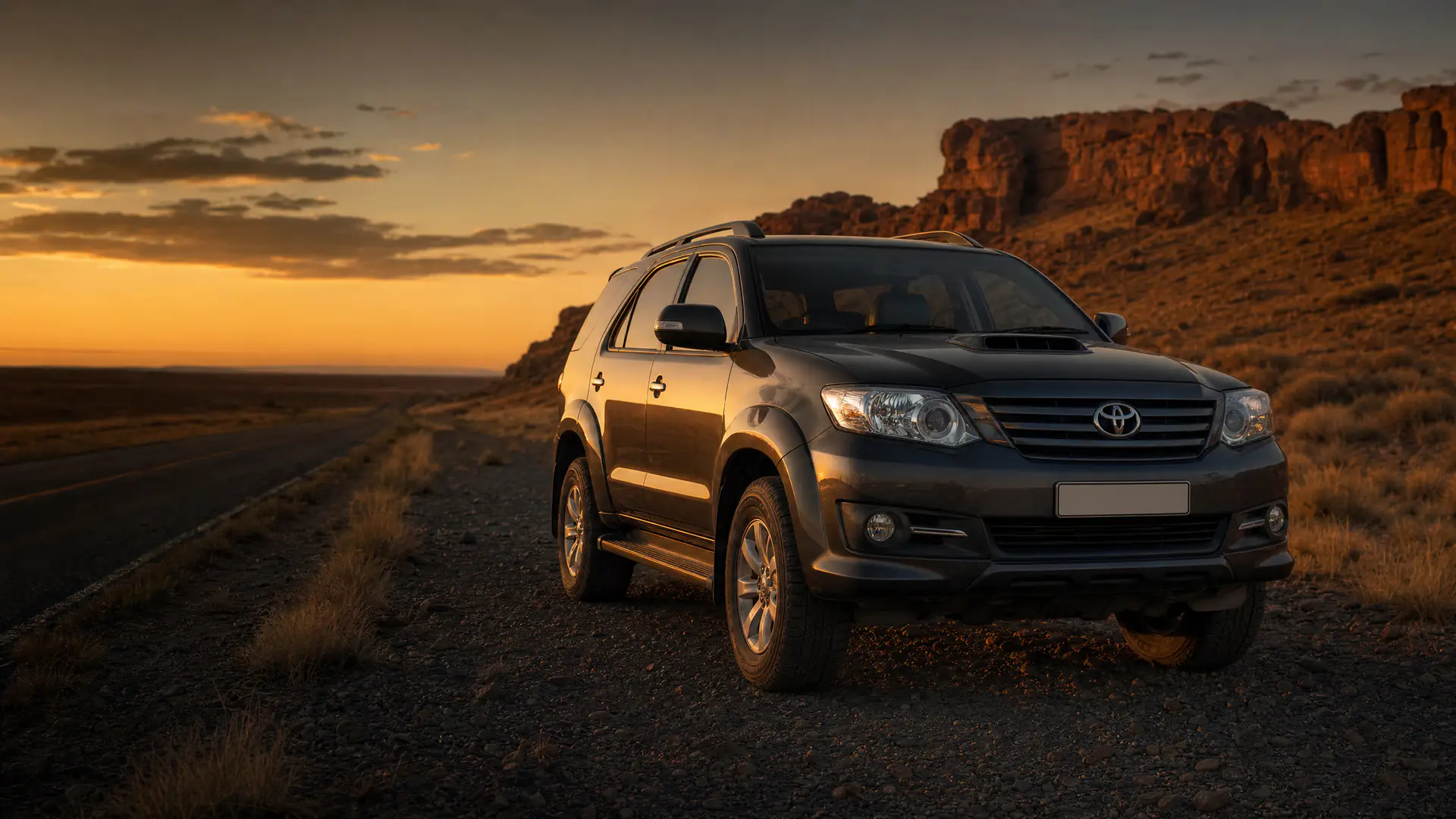 Toyota Fortuner SUV on a Karoo road at sunset, vehicle finance at Cars342 Bellville